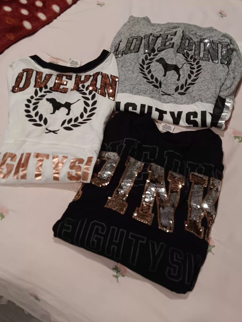 Victoria's Secret PINK Y2k Sequin Logo Long Sleeve Tee - White, Gray, Black